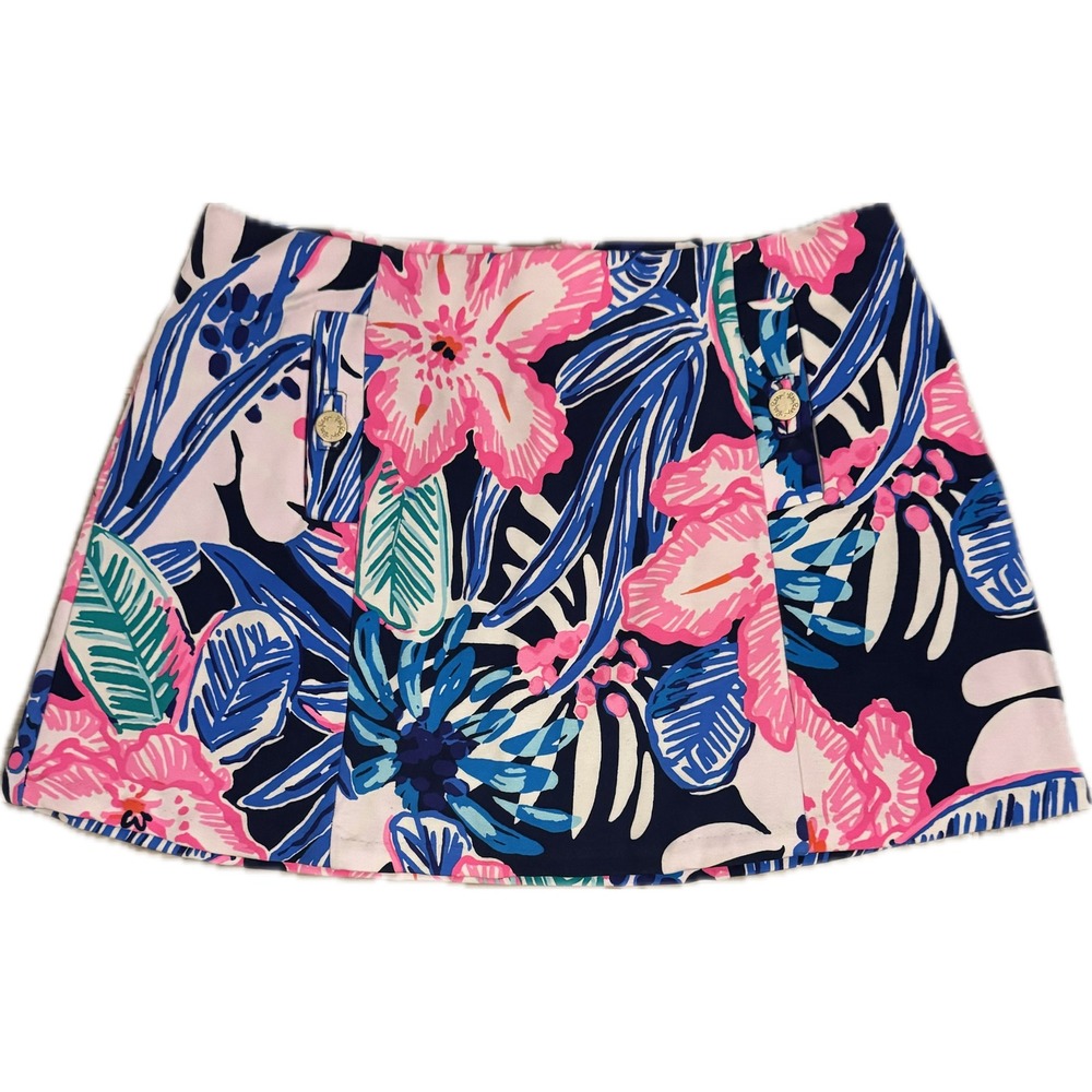 Lilly Pulitzer Madison Skort Pink Navy Blue Tropical Floral Gold Button Size L